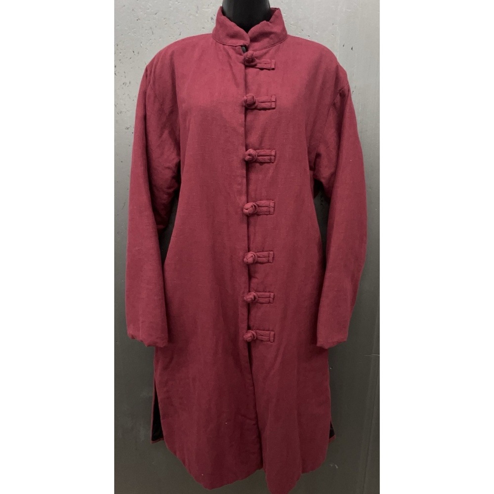 Linen Coat Women L Red Burgundy Long Lined Toggle Ethnic Asian Art Lagenlook